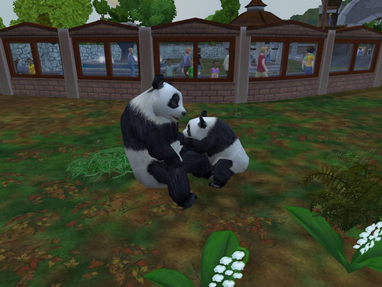 Two giant pandas playing in their exhibit as visitors watch in Zoo Tycoon 2.